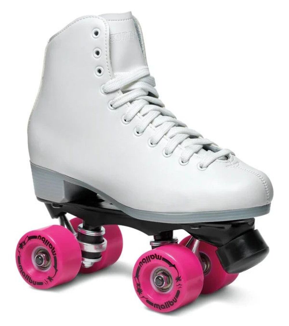 NEW Sure-Grip Quad Roller Skates - MALIBU SERIES White w/ Pink Wheels Women's 6